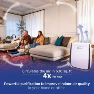 Shows the AirDoctor Air Purifier AD3500 in a room setting. It is about the size of a chair