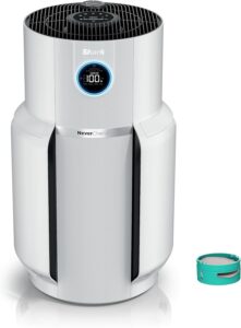 Shark HP302 NeverChange Air Purifier MAX with touch sensitive buttons to control the unit and a readout to show room cleanliness. Dimensions: 13.2"D x 13.2"W x 22.5"H